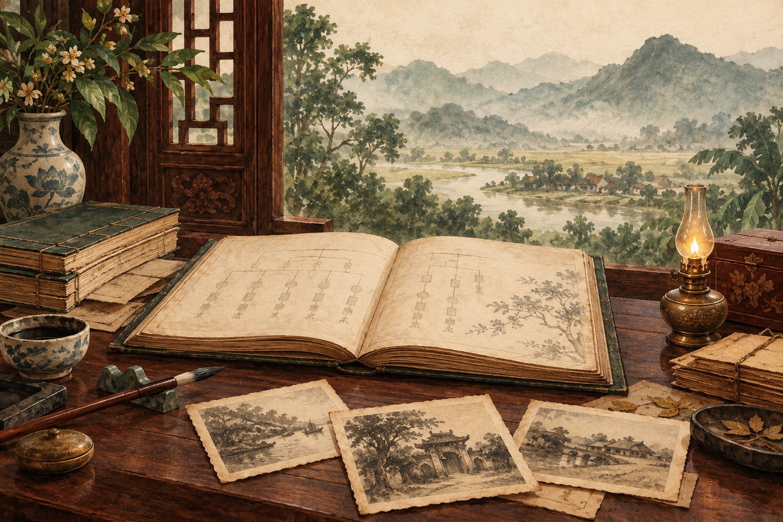 Minh họa AI về bàn lưu trữ tư liệu gia đình