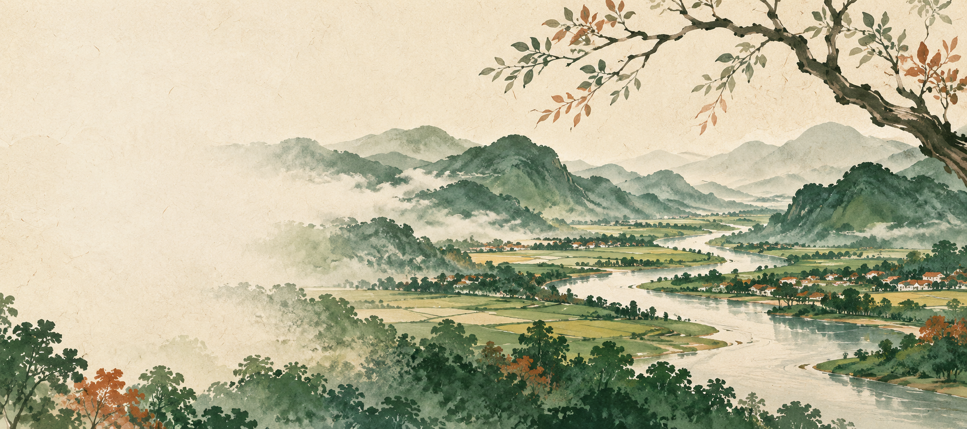 Minh họa AI phong cảnh miền Trung với núi, sông và đồng ruộng; không mô tả địa điểm lịch sử cụ thể